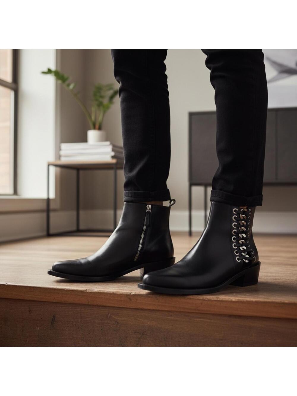 Alexander McQueen black leather cowboy booties with silver hardware 38.5